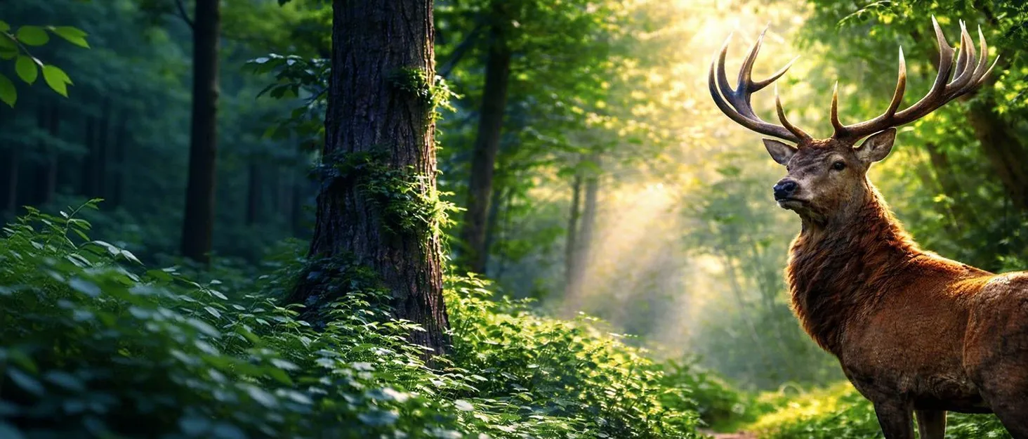 Red stag standing in a sunlit forest clearing